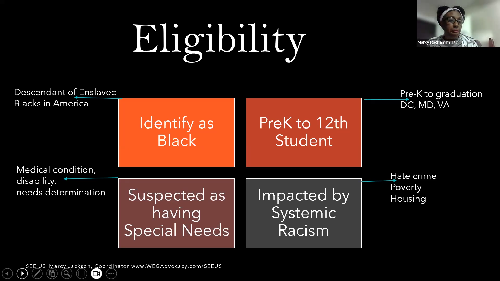 screenshot from webinar on SEE US, with eligibility requirements